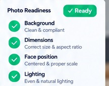 Photo Readiness checklist showing background dimensions face position and lighting