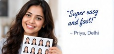 Woman holding a printed sheet of ID photos